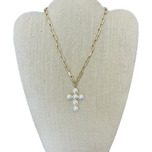 Pearl Cross Pendant Necklace (Short)